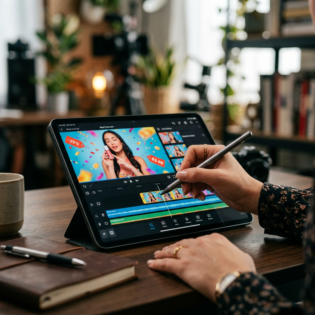 Close-up of a hand using a stylus on a tablet to edit a high-energy short-form video for a mobile shopping platform