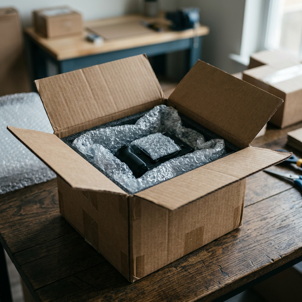 A sturdy shipping box packed with bubble wrap surrounding a small electronic device, highlighting secure and safe intern