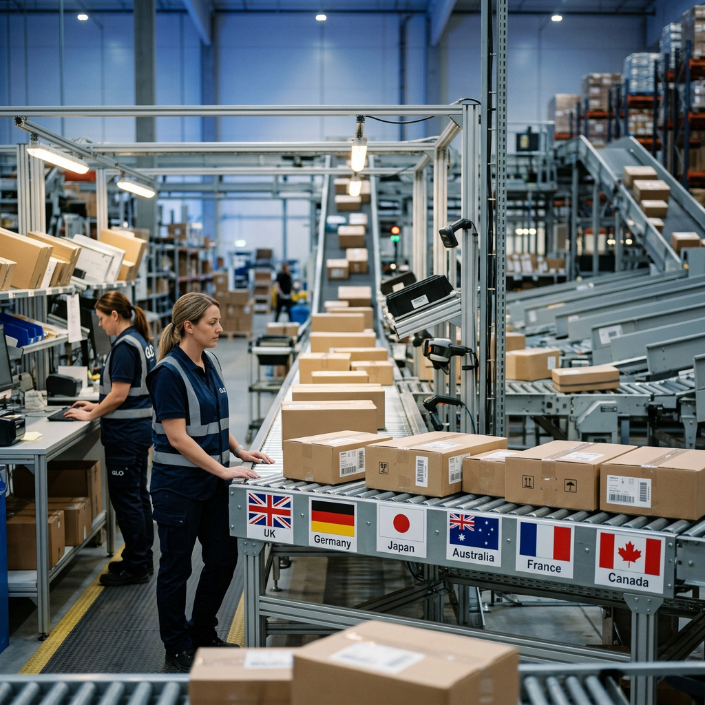A modern logistics warehouse with automated conveyor belts sorting packages labeled with international flags under soft