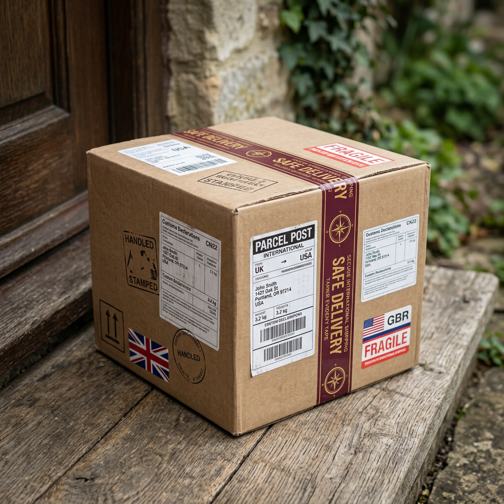 A cardboard box with international shipping labels and a 'Safe Delivery' seal sitting on a wooden doorstep