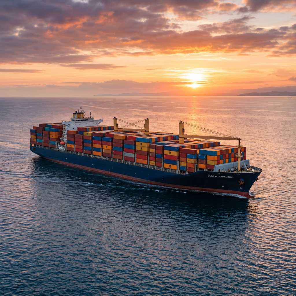 A sunset view of a cargo ship loaded with colorful shipping containers moving across a calm ocean