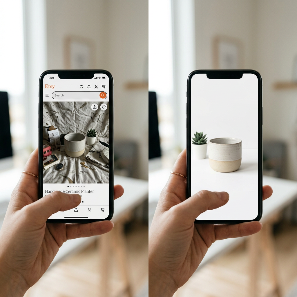 A split screen comparison showing a cluttered product photo versus a clean, high-contrast mobile-optimized product shot