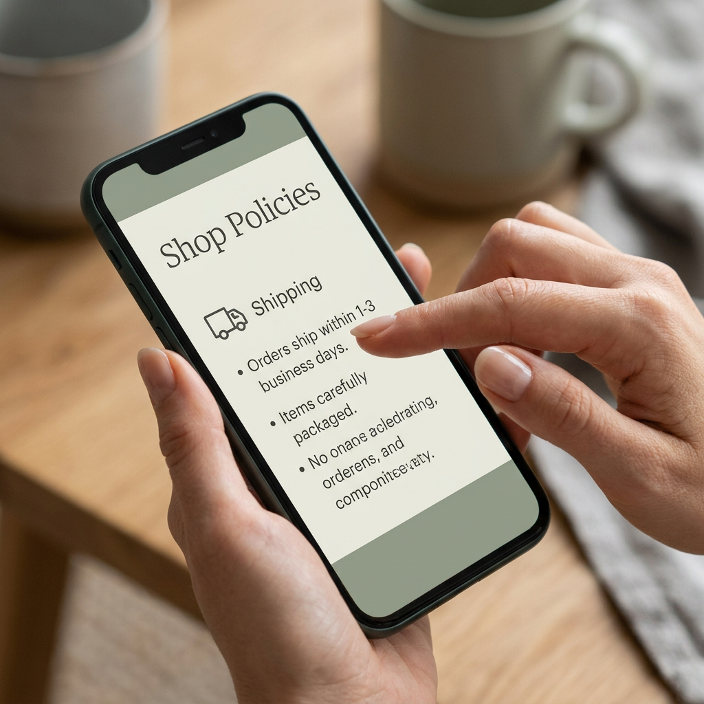 A close-up of a hand navigating the Etsy app's polished shop policy section showing simple bullet points and clear typog