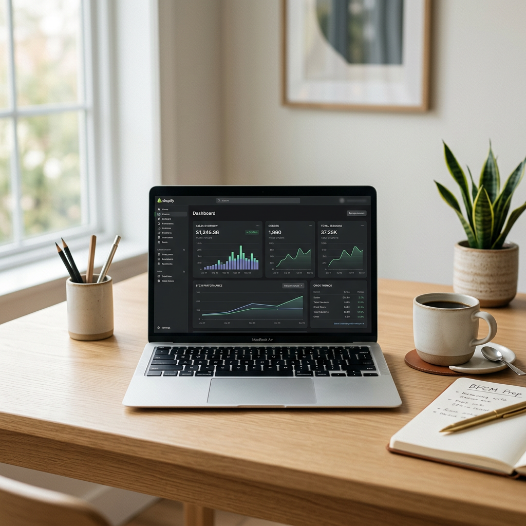 A clean, modern minimalist office desk with a laptop showing a Shopify analytics dashboard and a cup of coffee