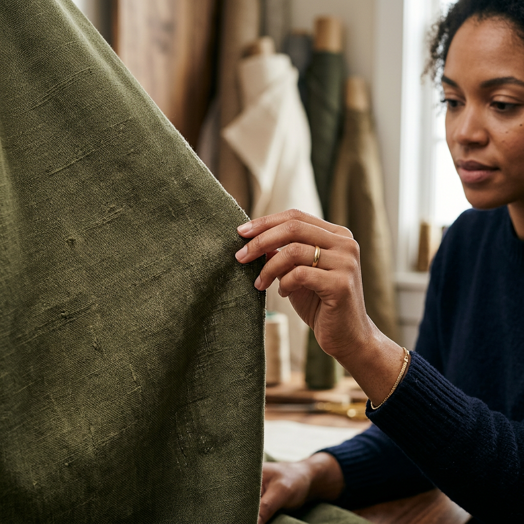 A macro shot of a high-quality fabric texture being inspected, representing the attention to detail in premium specialty