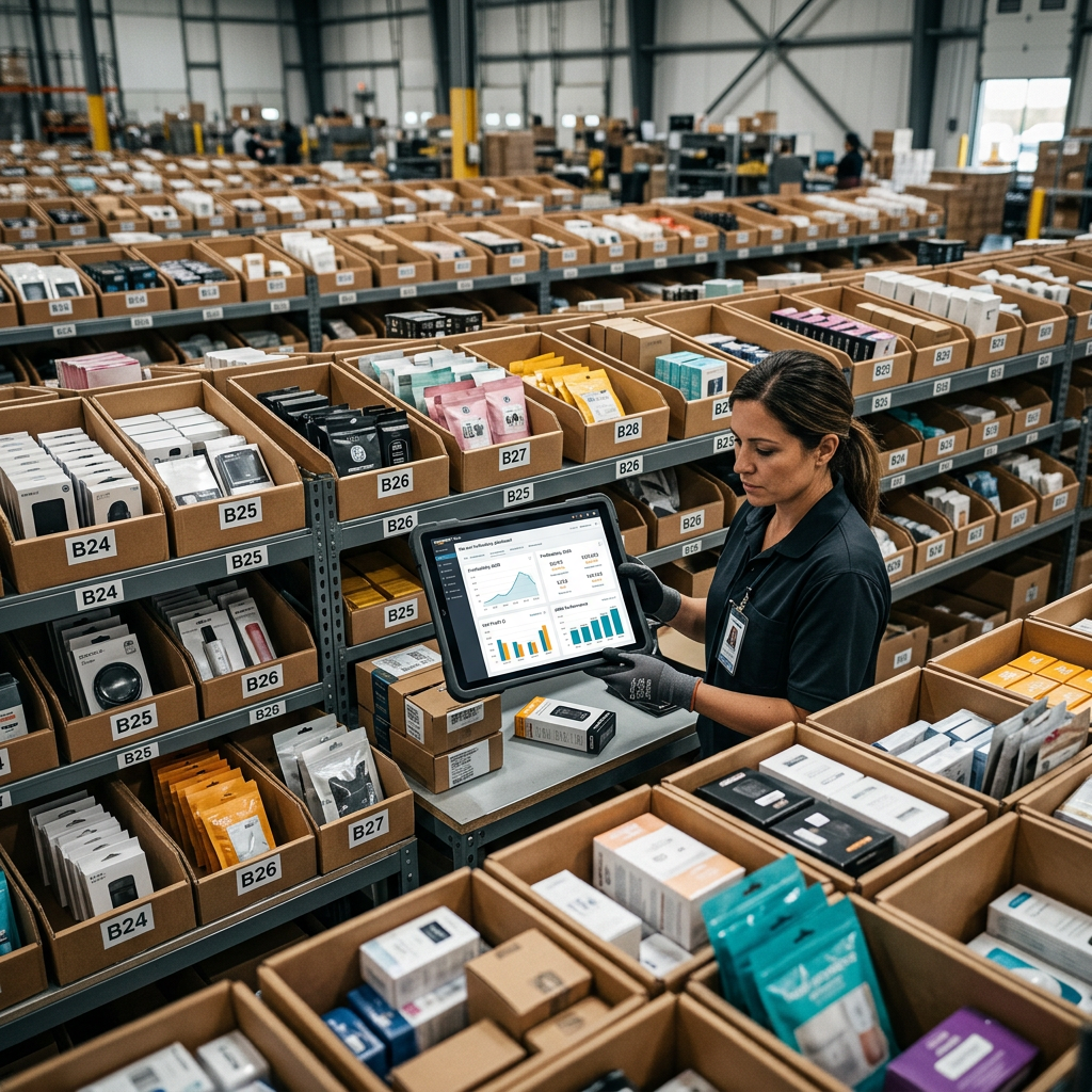 A high-angle shot of organized warehouse bins filled with small packaged goods and a digital inventory tablet