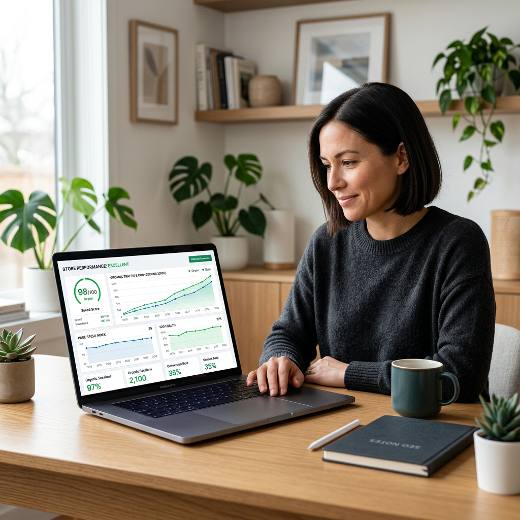 A minimalist workspace with a clean laptop screen showing a high-performance speed diagnostic dashboard and smooth line