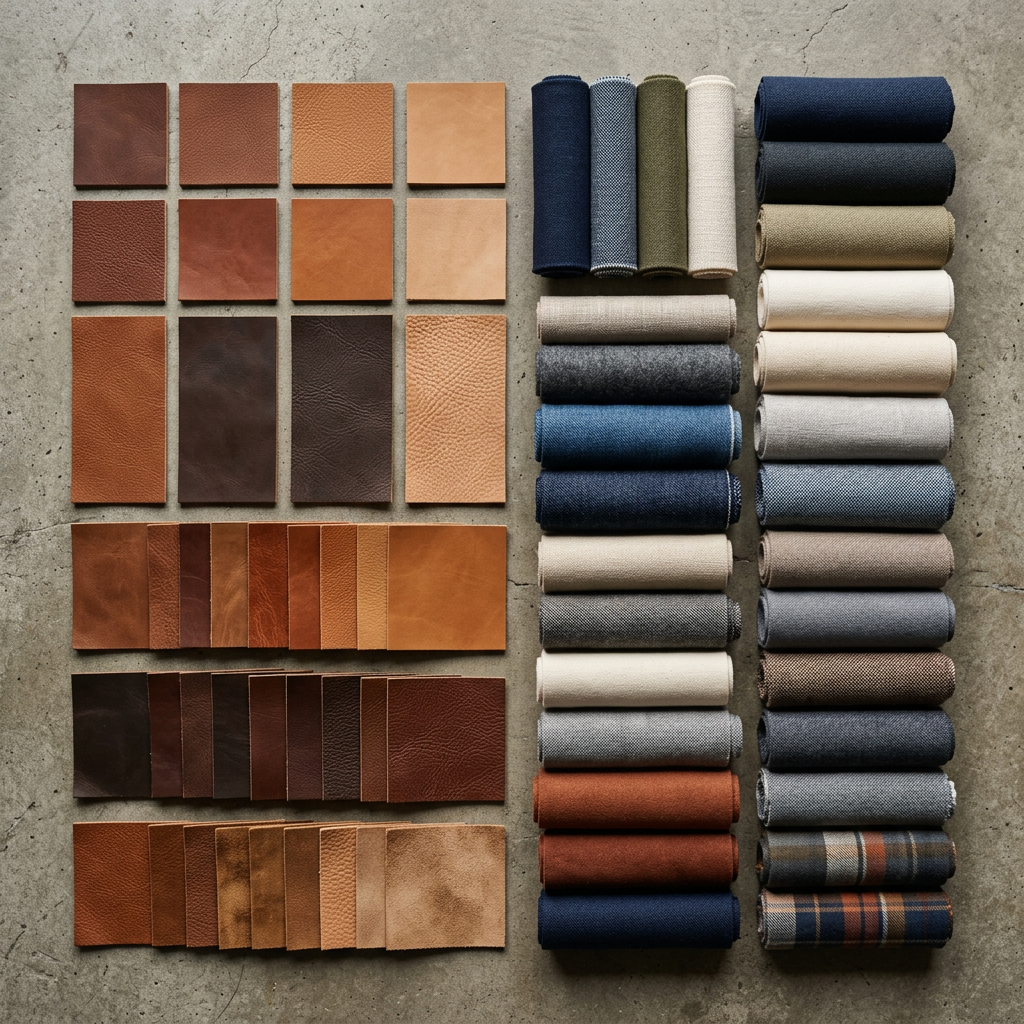 A top-down view of organized leather swatches and fabric rolls, representing structured categories and organized data ar