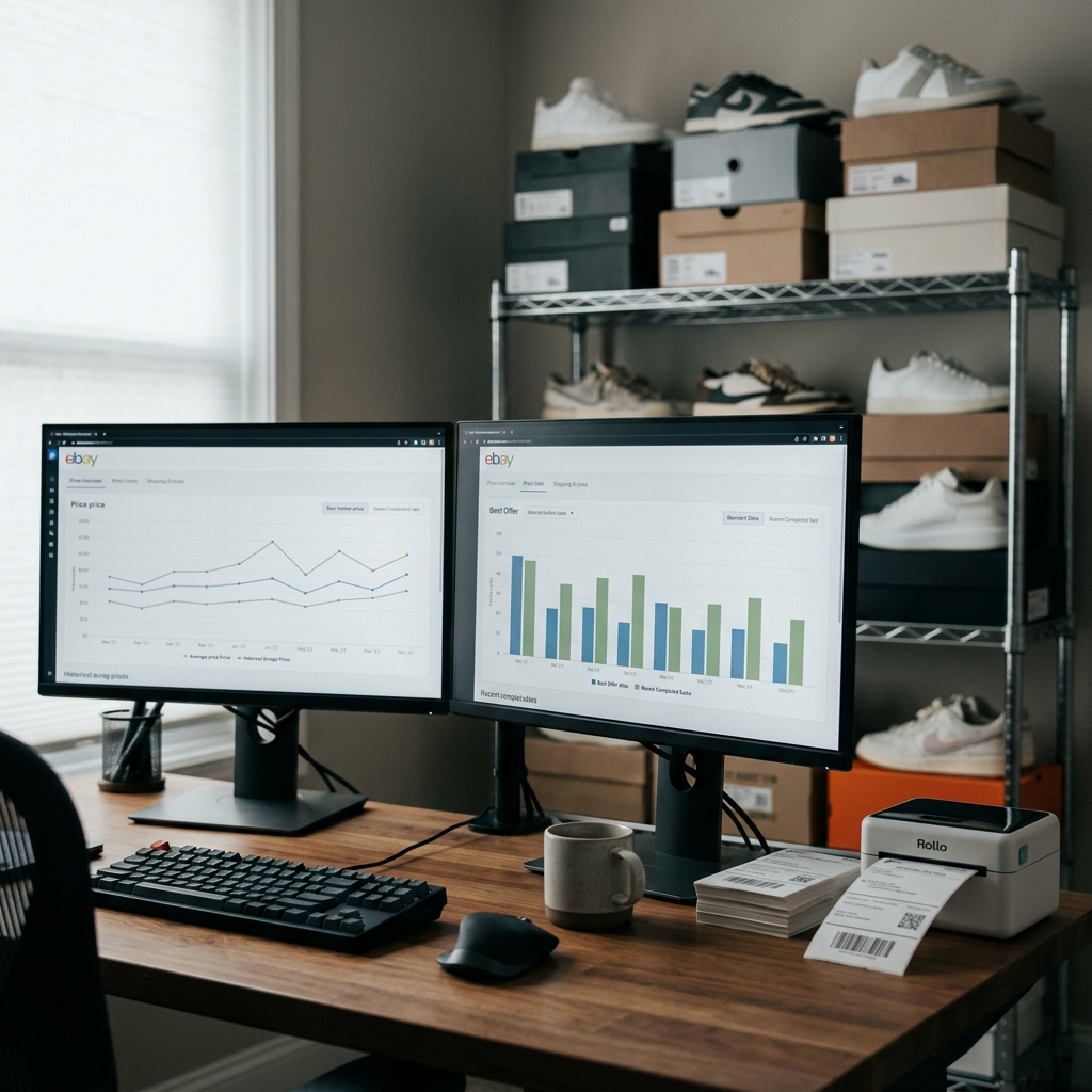 A professional desk with two monitors showing eBay Terapeak price charts and a stack of clean, pre-owned designer sneake