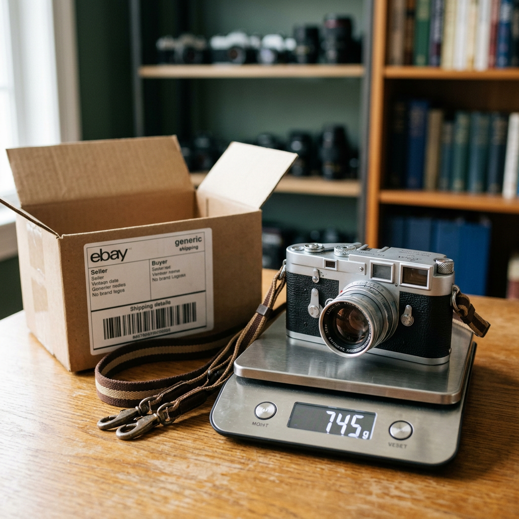 A high-quality digital scale measuring a vintage camera next to a printed eBay shipping label and a cardboard box