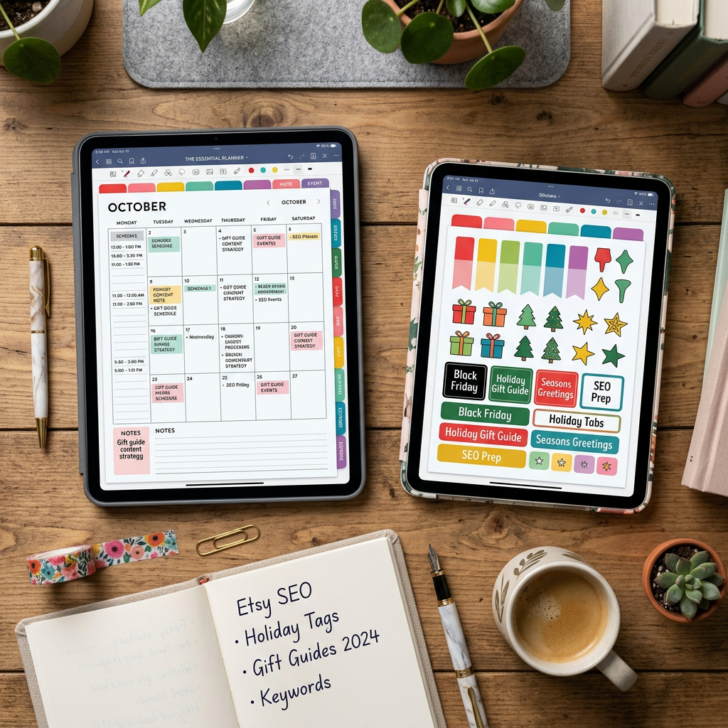 A top-down view of an organized workspace featuring two different tablets showing vibrant digital planner templates and