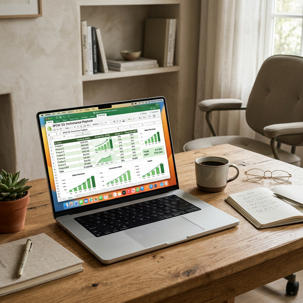 A minimalist wooden desk with a high-end laptop showing a clean spreadsheet of profit margins and green growth charts