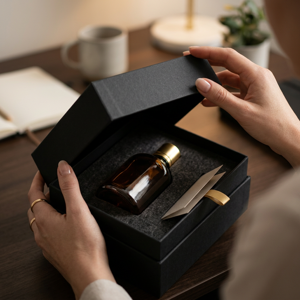 A close-up of a premium matte-finish product box being opened under soft studio lighting to reveal a luxury item