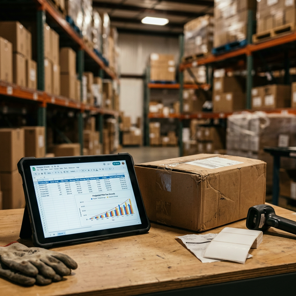 A cluttered warehouse workbench showing a returned product package next to a digital tablet displaying complex financial