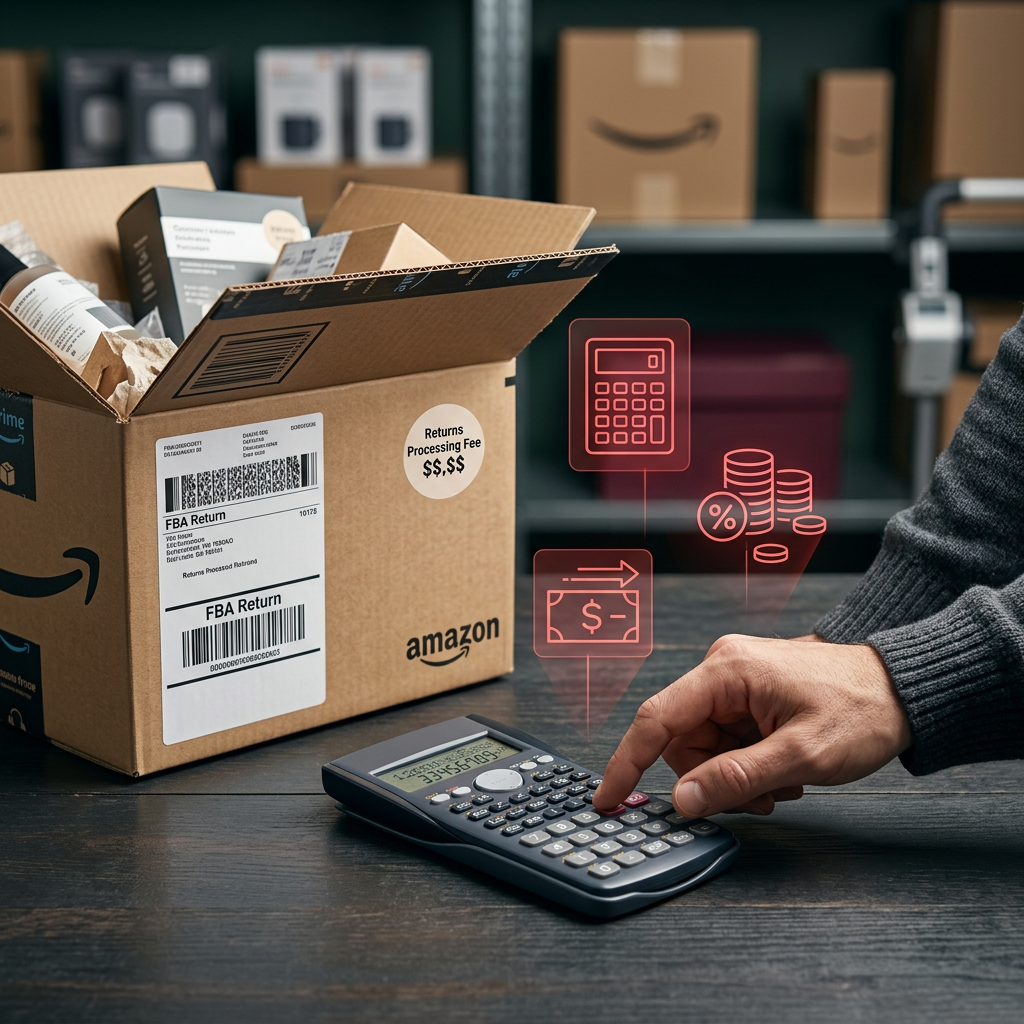 Close-up of a hand using a calculator next to an Amazon shipping box with a prominent return label and red 'fee' icons f