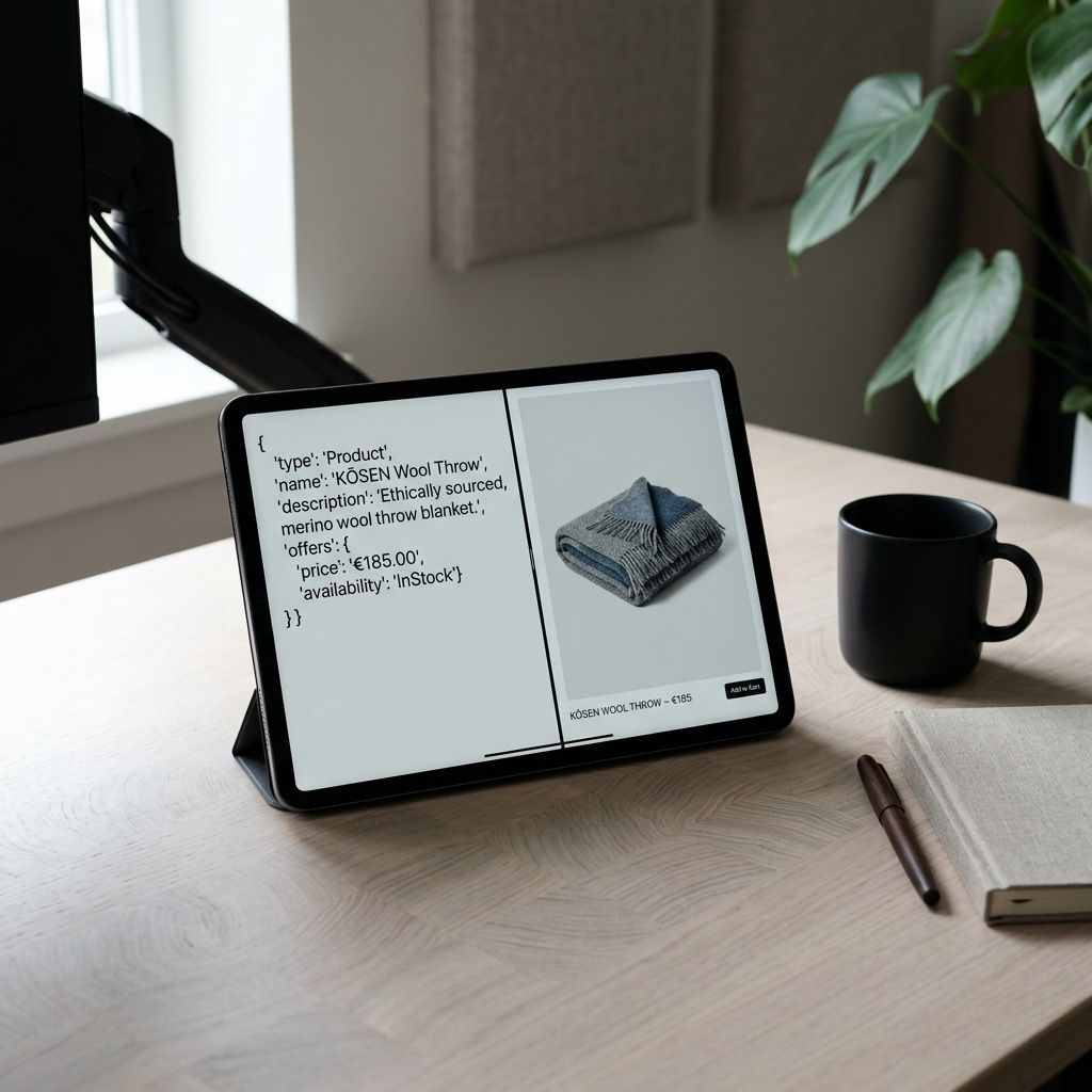 A clean, minimalist workspace with a tablet displaying a split screen of structured JSON-LD code and a premium lifestyle