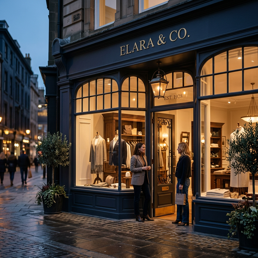 A high-end boutique storefront at dusk with warm lighting, reflecting a sense of established authority and trust