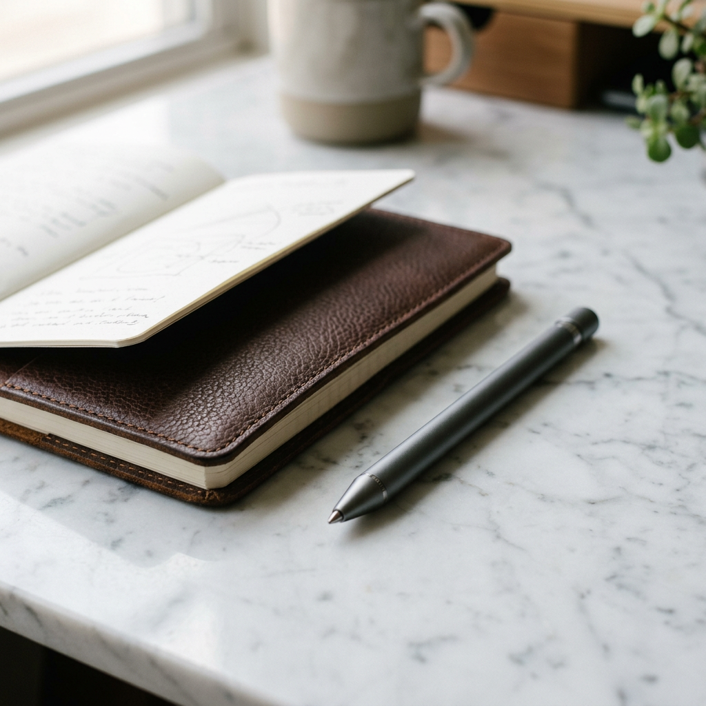 Close-up of a high-quality leather notebook and a sleek digital stylus on a marble surface, symbolizing precision and de