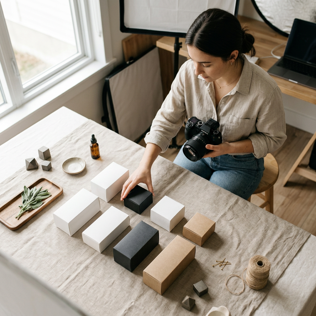 An overhead shot of a photographer arranging minimalist product packaging on a neutral linen backdrop with soft natural