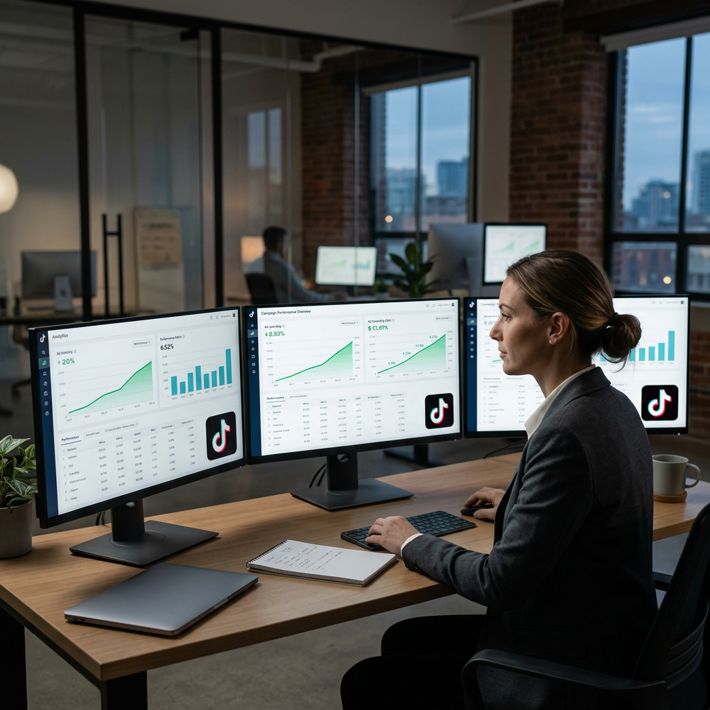 A modern clean workspace with multiple monitors showing data-rich marketing dashboards with green upward-trending line g