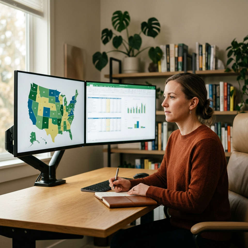 A modern home office setup with dual monitors showing color-coded maps of the United States and digital spreadsheets