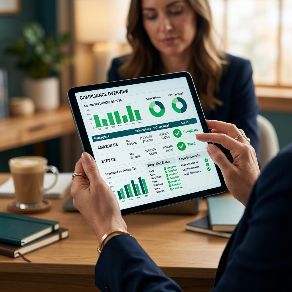 A close-up of a tablet screen displaying a professional dashboard with tax liability charts and green checkmarks