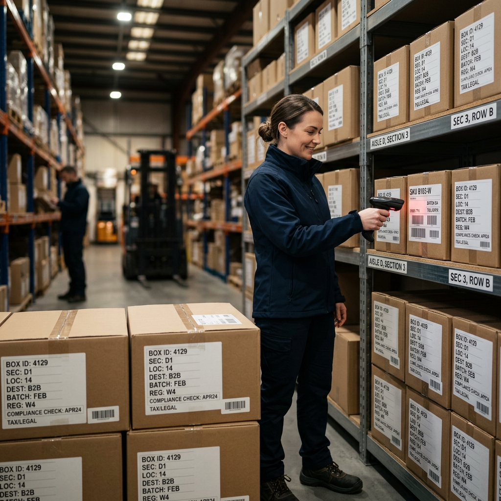 An organized warehouse shelf with labeled boxes and a worker using a handheld scanner under bright LED lights