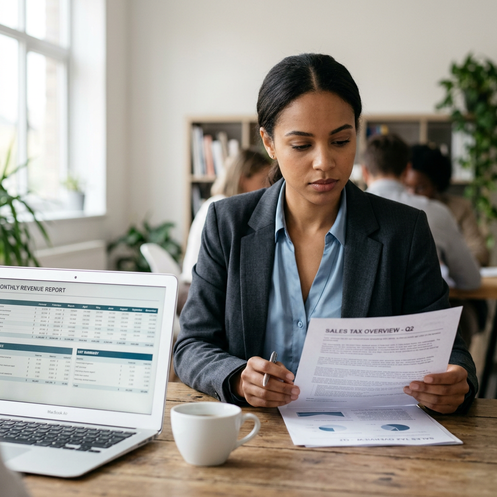A person in professional attire reviewing a paper document next to a laptop and a clean cup of coffee