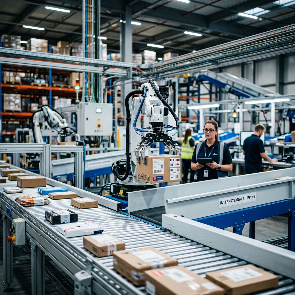 A modern logistics warehouse with high-tech conveyor belts and automated sorting arms processing small parcels under bri