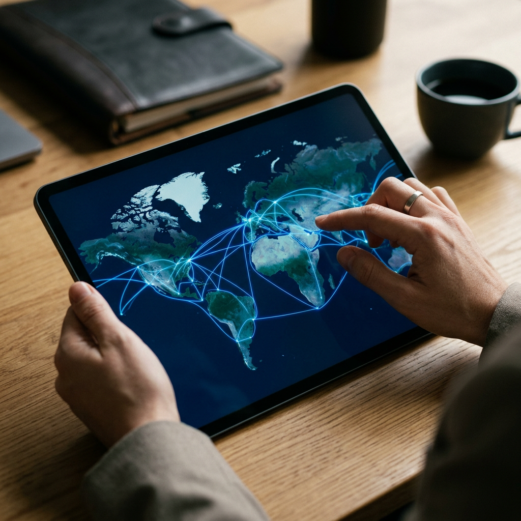 A close-up of a digital tablet showing a world map with glowing blue logistics routes connecting different continents