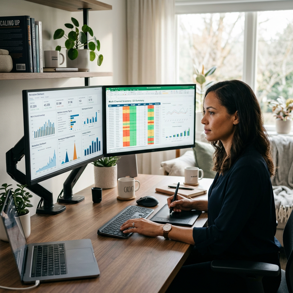 A modern home office with a dual-monitor setup showing complex financial graphs, spreadsheets, and marketplace dashboard