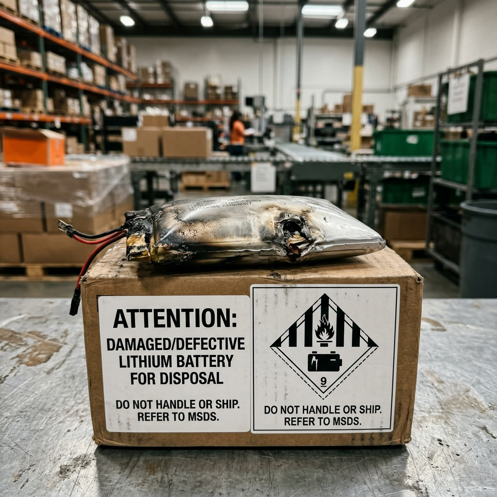 A close-up of a damaged lithium-ion battery next to a warning label, industrial warehouse setting with soft overhead lig