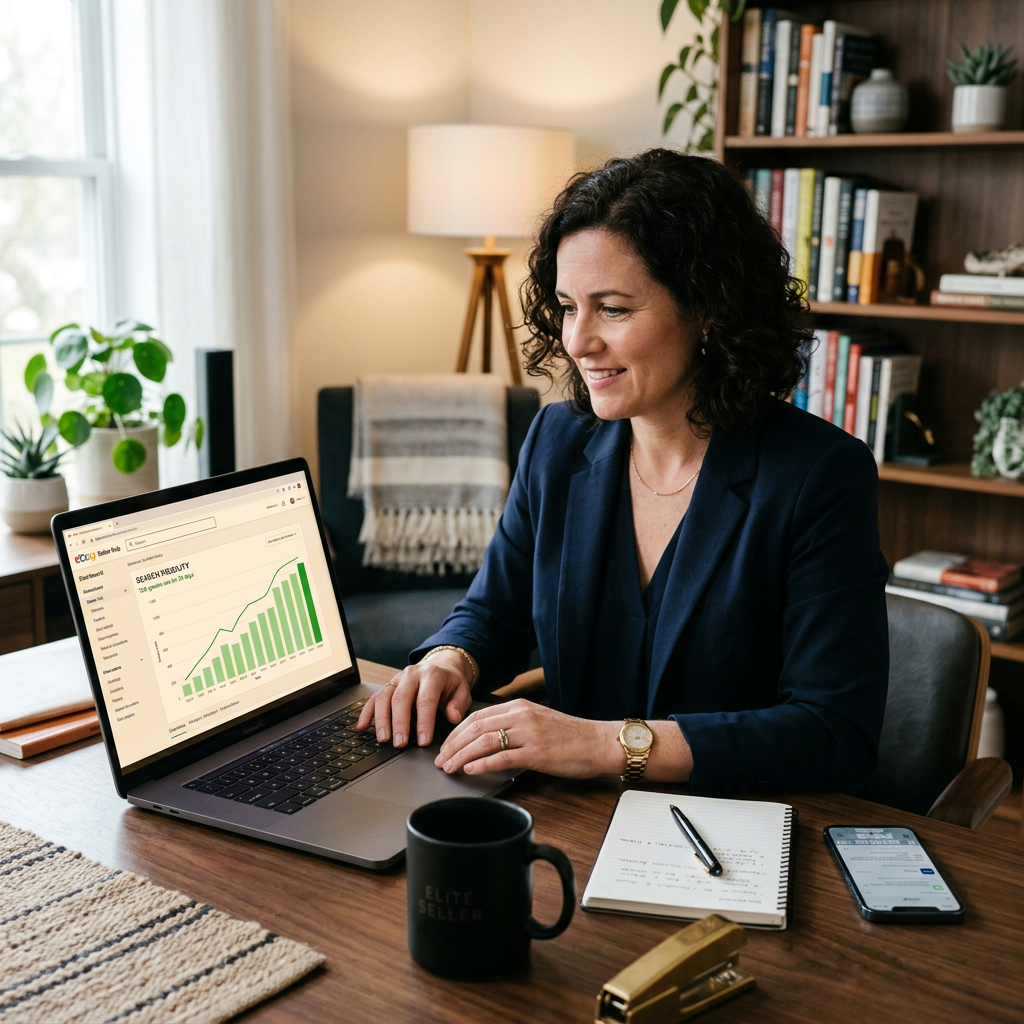 A professional home office desk with a laptop showing an eBay seller dashboard with a green upward trend line on a searc