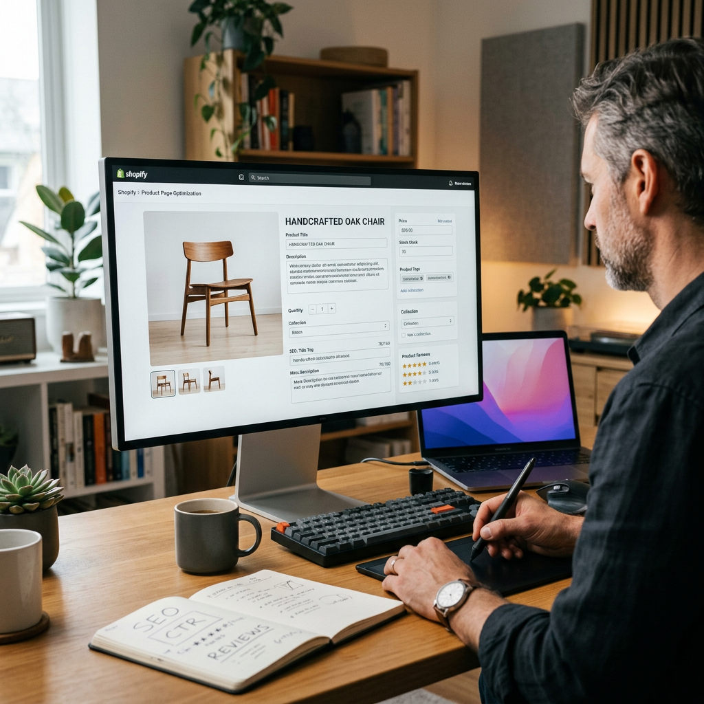 A close-up of a designer workstation with a high-end monitor displaying a clean Shopify product grid and SEO metadata fi