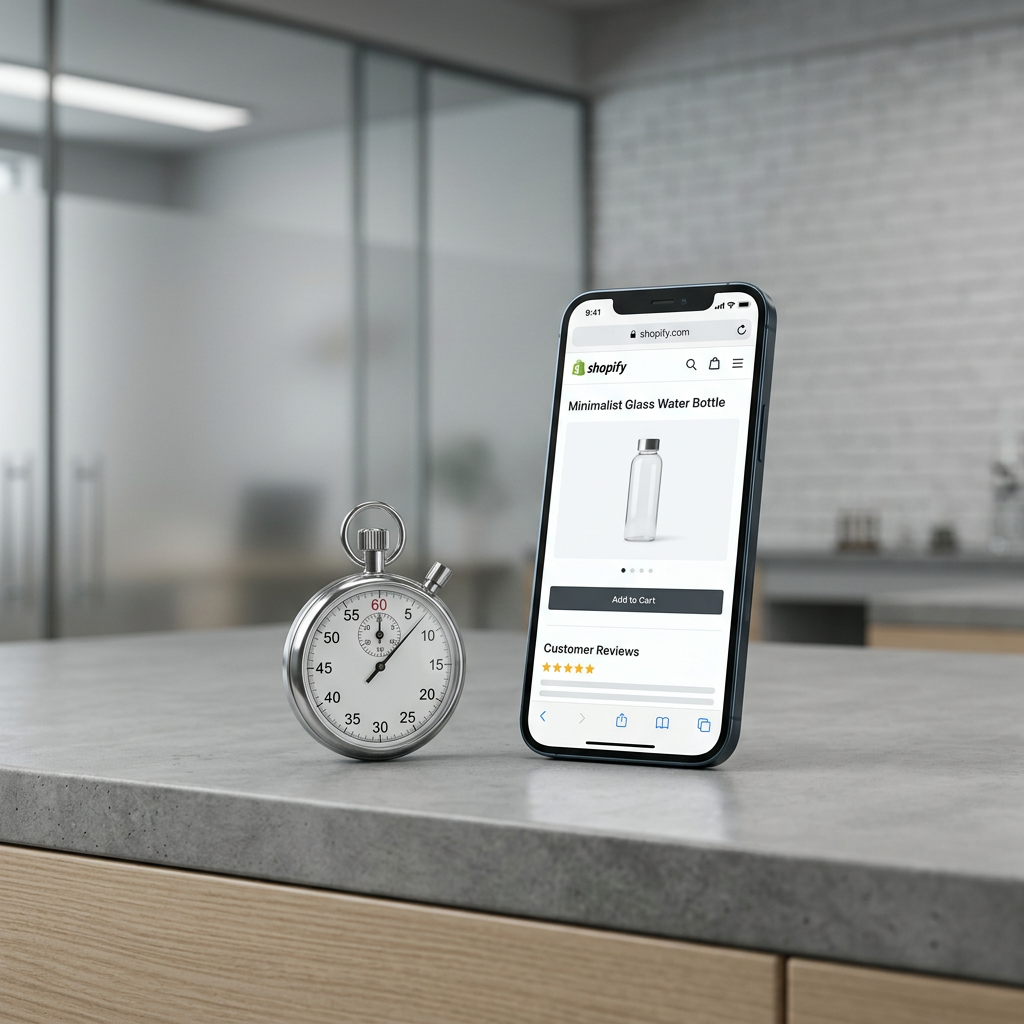 A minimalist laboratory setting where a smartphone displays a lightning-fast Shopify product page next to a stopwatch