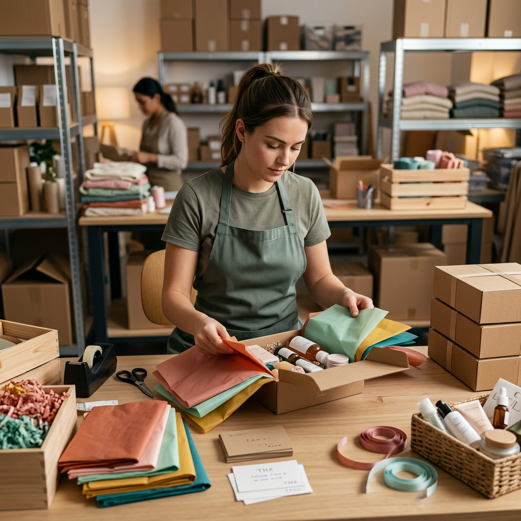 A modern warehouse workstation showing a specialized area for packing aesthetic sample boxes with colorful tissue paper