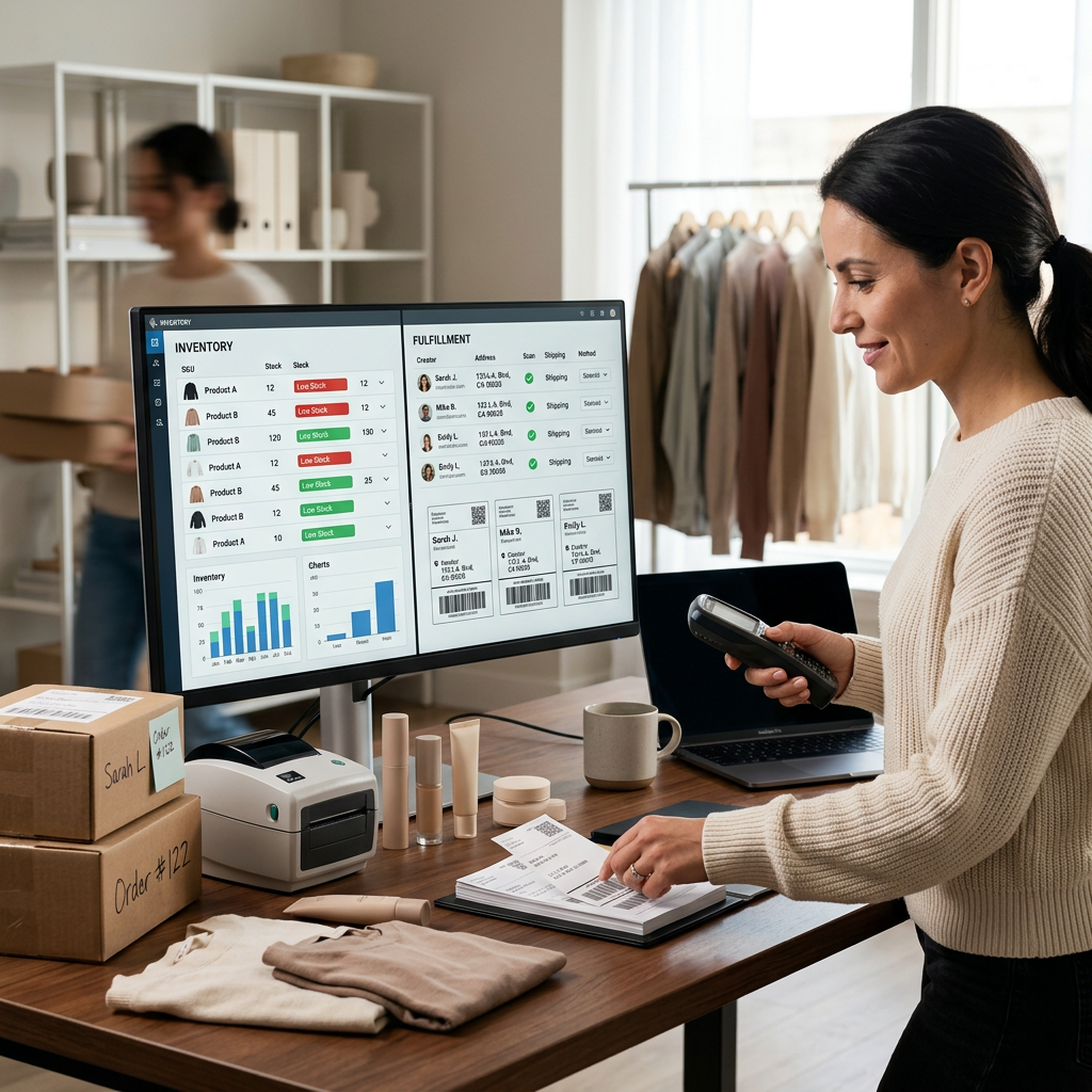 A split-screen digital dashboard displaying inventory levels on one side and creator shipping labels on the other side.