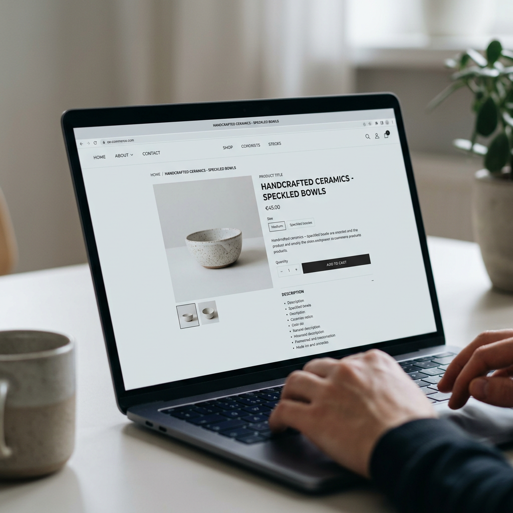 A clean minimalist Shopify product page interface showing a structured title and clear pricing against a soft grey backg