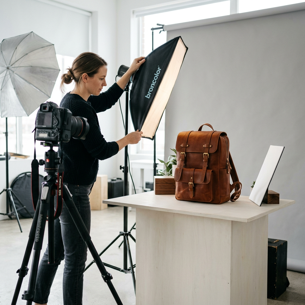 A photographer adjusting lighting for a premium leather bag in a bright studio to create e-commerce product shots