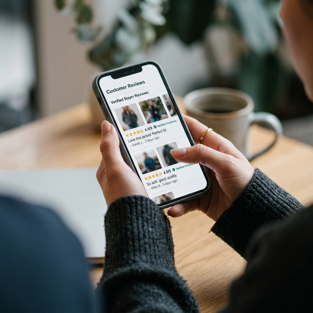 A customer hands holding a mobile phone scrolling through a section of verified buyer reviews with photos