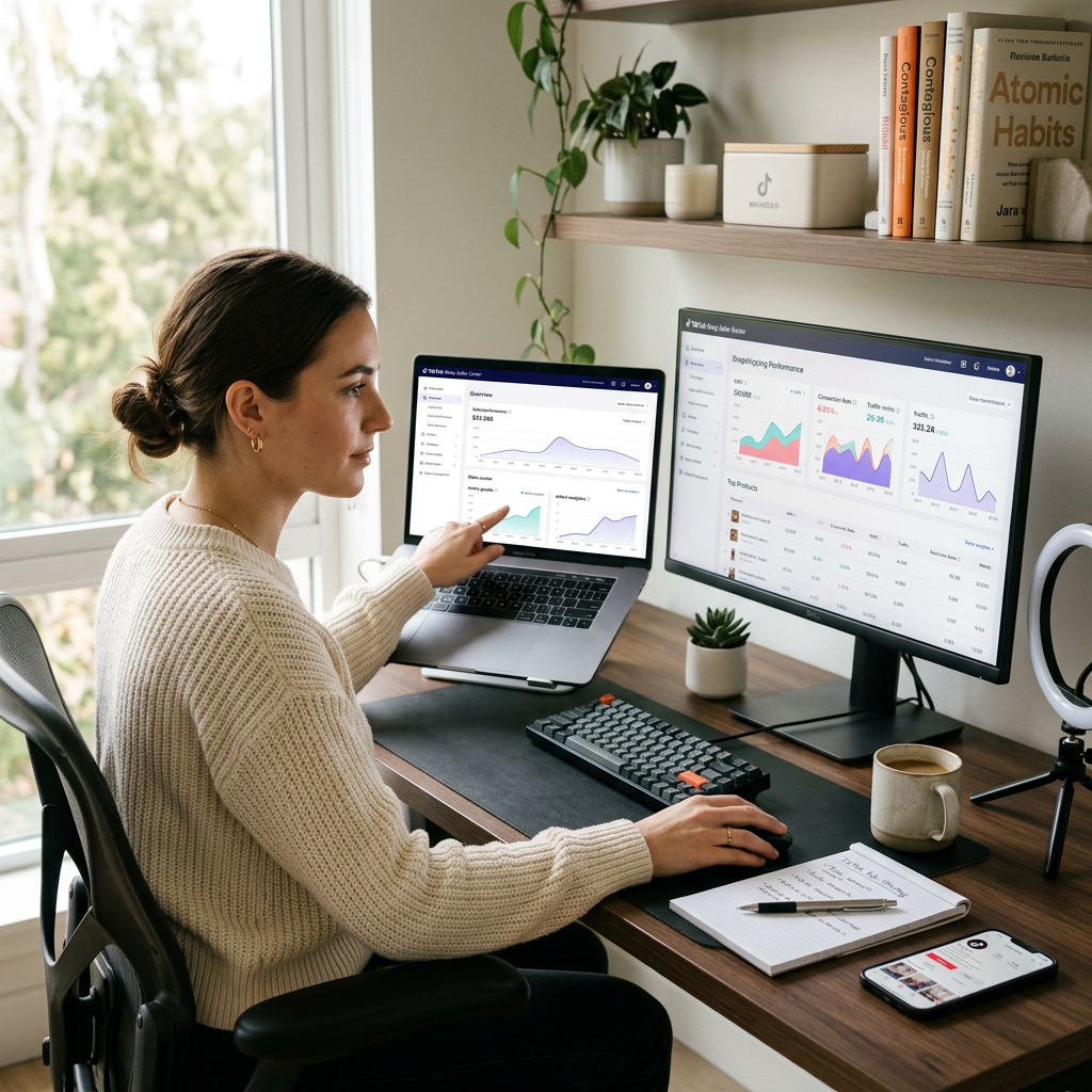 A modern home office setup with a dual-monitor displaying TikTok Shop Seller Center dashboard and analytics charts in so
