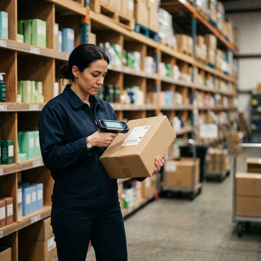 A professional warehouse worker scanning a package with a handheld device, blurry shelves of organized products in the b