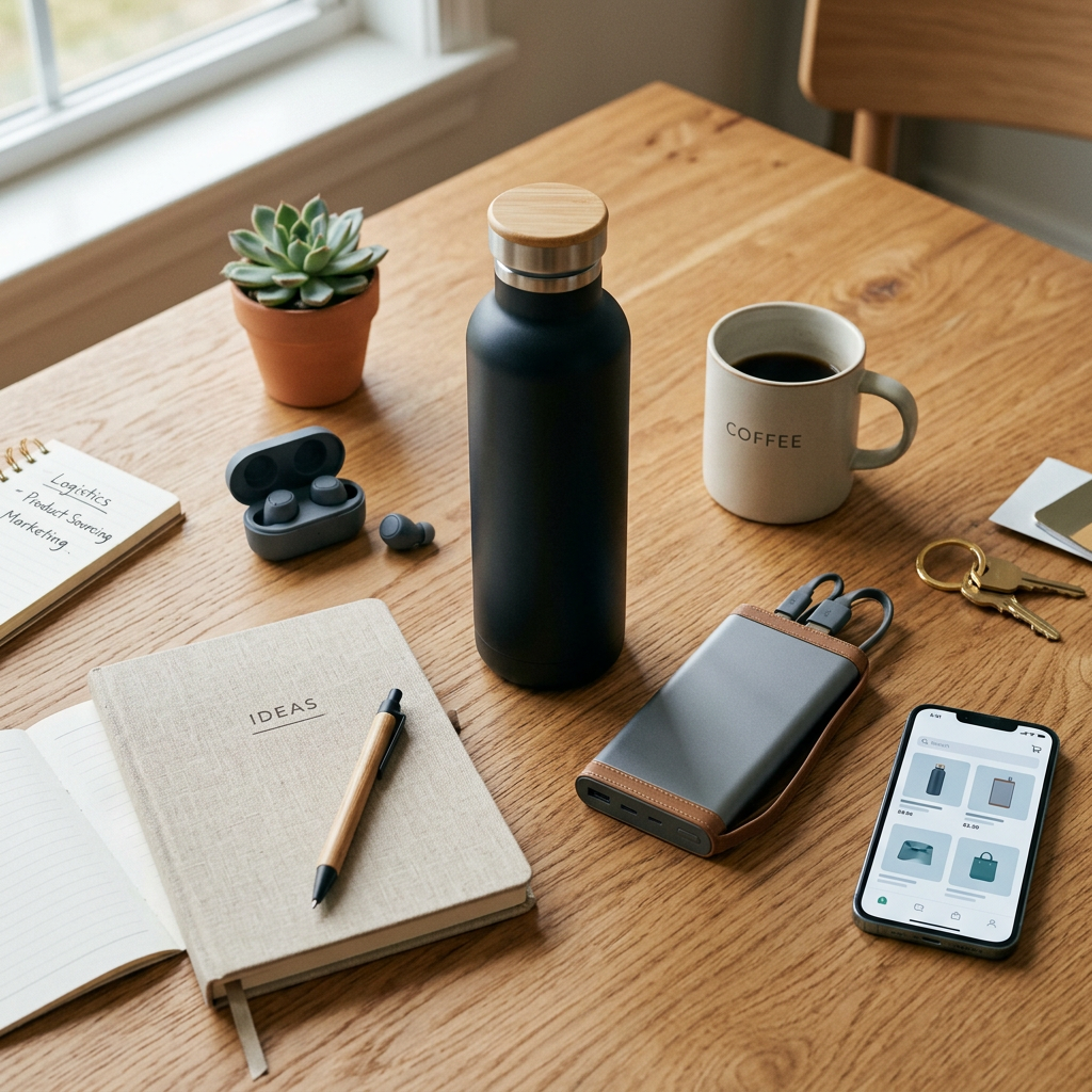 A bright, minimalist flat-lay of lifestyle products including a reusable water bottle and a sleek portable charger on a