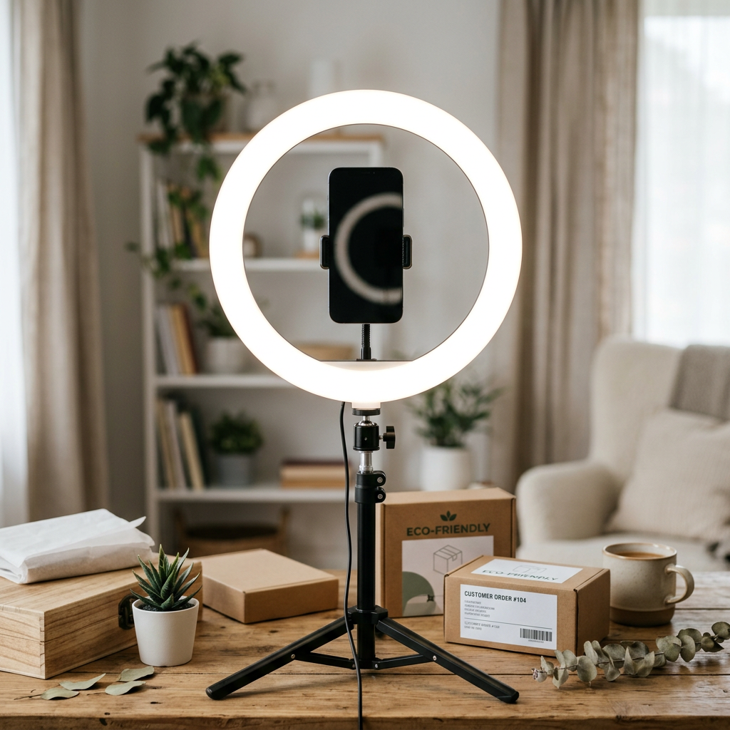 A ring light setup in a bright room with a smartphone mounted in the center, ready for filming.