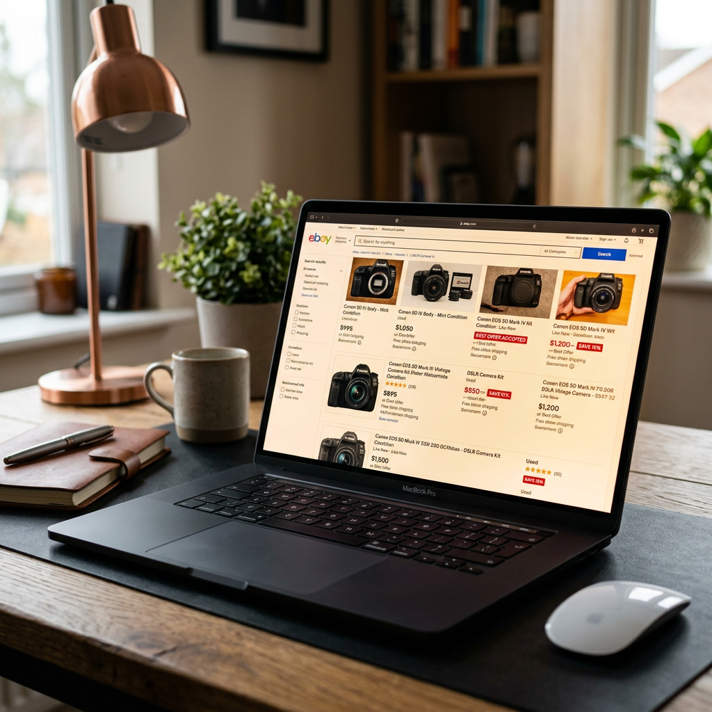 A high-resolution laptop screen showing an eBay search results page with various price points and strike-through discoun