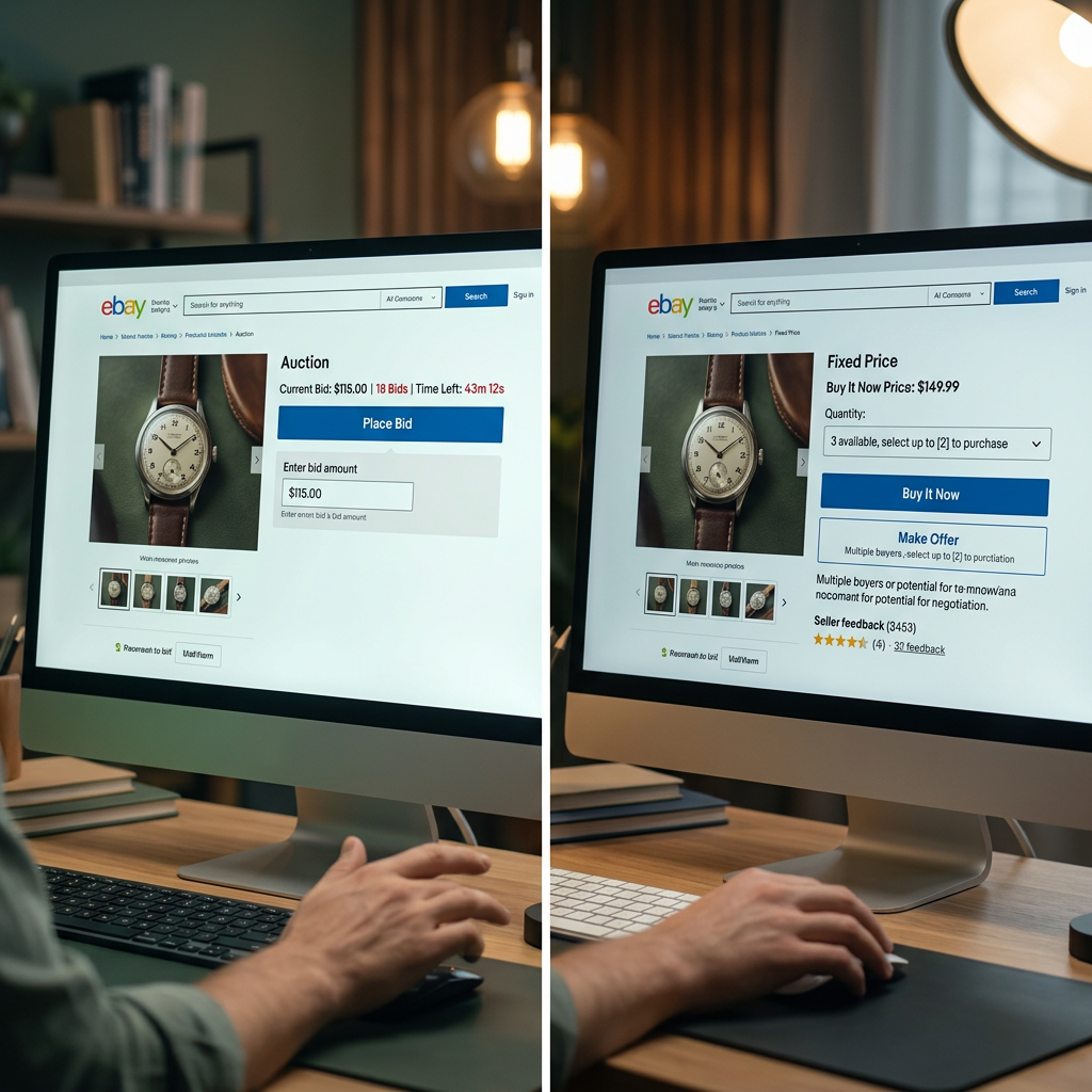 A split-screen comparison showing an eBay auction interface on the left and a fixed-price listing with multiple quantity