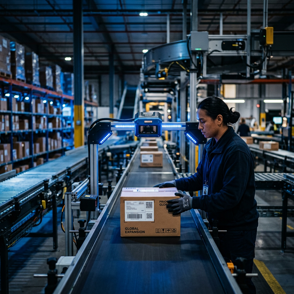 A modern logistics warehouse with high-tech automated sorting belts and blue ambient lighting focused on a single parcel