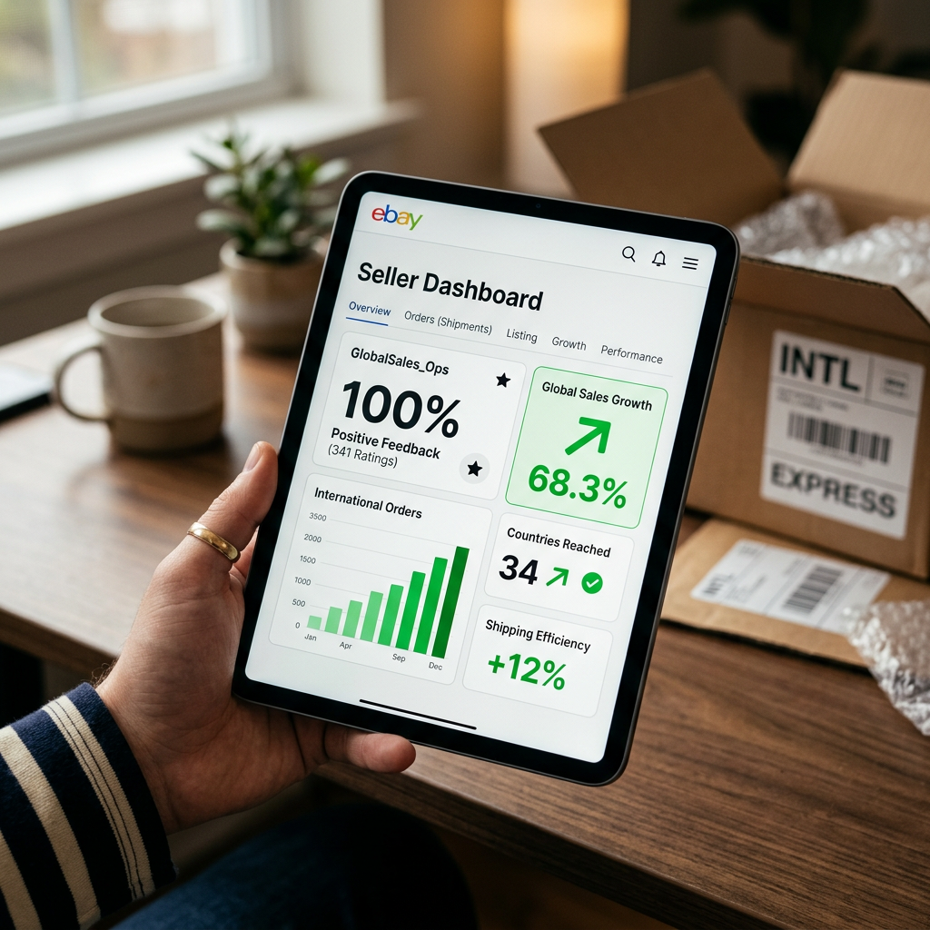 Close-up of a digital tablet screen showing an eBay Seller Hub dashboard with a 100% positive feedback score and green g