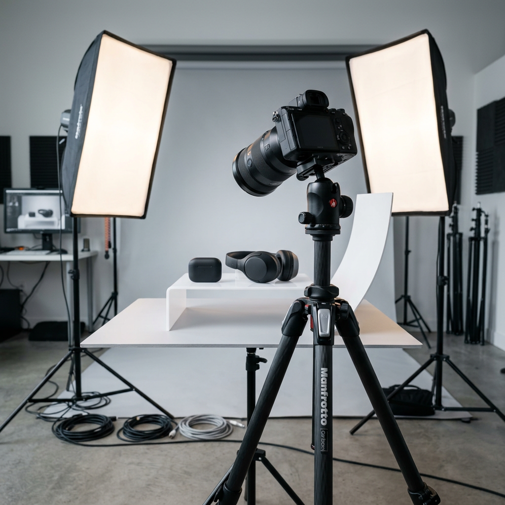 A professional photography studio setup for e-commerce with softbox lighting and a high-end camera on a tripod capturing