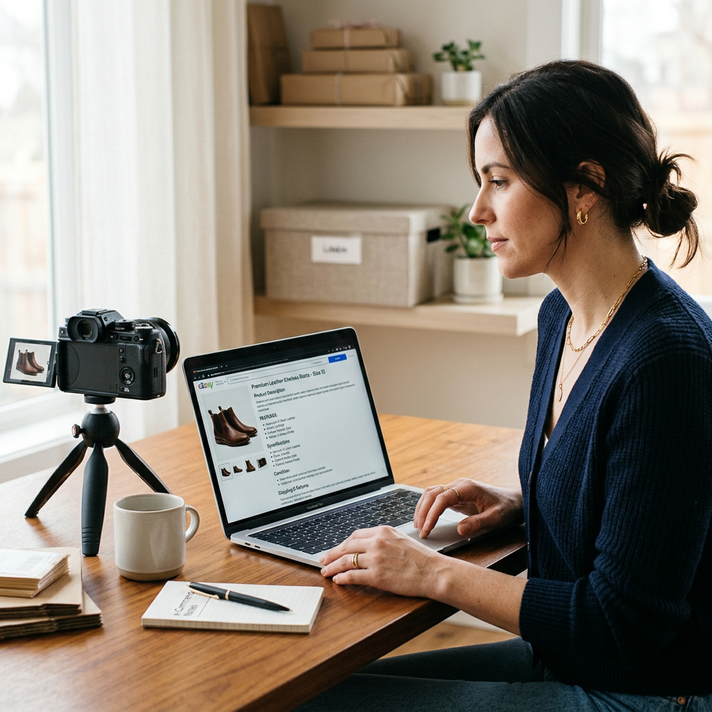 A modern clean desk with a laptop showing a perfectly formatted e-commerce product description with bold headings and bu
